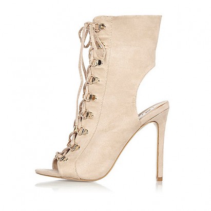 RIVER ISLAND Nude lace-up shoe boots – faux suede – peep toe booties – luxe style ankle boots – on trend footwear