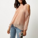 River Island nude pleated cold shoulder blouse with cami top underlay. Womens semi sheer blouses | on trend open shoulder tops | feminine style clothing | fashion trending now | high neck | turtleneck