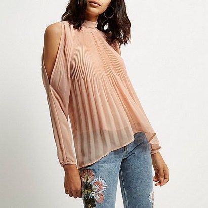 River Island nude pleated cold shoulder blouse with cami top underlay. Womens semi sheer blouses | on trend open shoulder tops | feminine style clothing | fashion trending now | high neck | turtleneck - flipped