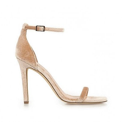 RIVER ISLAND Nude velvet barely there heeled sandals – luxe style evening shoes – glamorous high heels – ankle straps – stiletto heel glamour – party feet – going out fashion - flipped