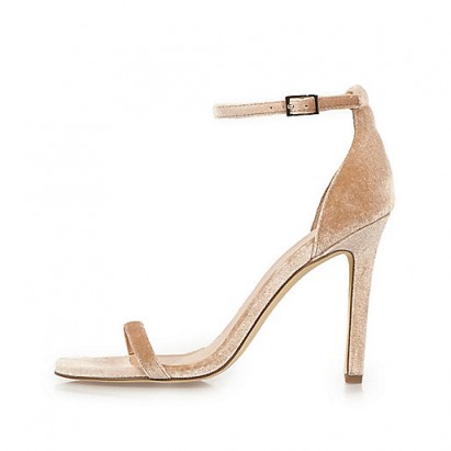 RIVER ISLAND Nude velvet barely there heeled sandals – luxe style evening shoes – glamorous high heels – ankle straps – stiletto heel glamour – party feet – going out fashion