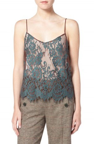 Olivia Palermo + Chelsea28 Lace Camisole teal/brown. Semi sheer cami tops | strappy fashion | thin straps | spaghetti straps | scalloped hem | feminine and chic | slip style - flipped