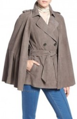 Olivia Palermo + Chelsea28 Suede Trench Vest with Removable Cape Grey Magnet – as worn by Olivia Palermo for the Olivia Palermo + Chelsea28 Fall 2016 collection at Nordstrom. Celebrity fashion | star style coats | womens Autumn outerwear | suede capes | chic clothing