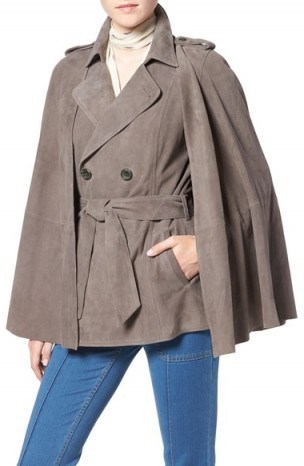 Olivia Palermo + Chelsea28 Suede Trench Vest with Removable Cape Grey Magnet – as worn by Olivia Palermo for the Olivia Palermo + Chelsea28 Fall 2016 collection at Nordstrom. Celebrity fashion | star style coats | womens Autumn outerwear | suede capes | chic clothing - flipped