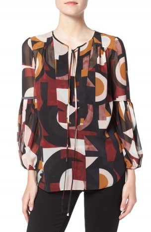 Olivia Palermo + Chelsea28 Tie Neck Crepe Blouse red/orange geo print. Bold prints | chic blouses | feminine tops | flouncy design | floaty fabric | womens stylish fashion - flipped
