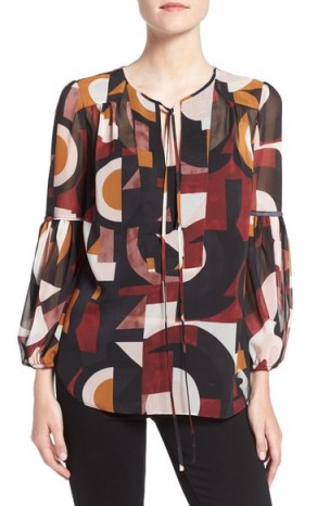 Olivia Palermo + Chelsea28 Tie Neck Crepe Blouse red/orange geo print. Bold prints | chic blouses | feminine tops | flouncy design | floaty fabric | womens stylish fashion