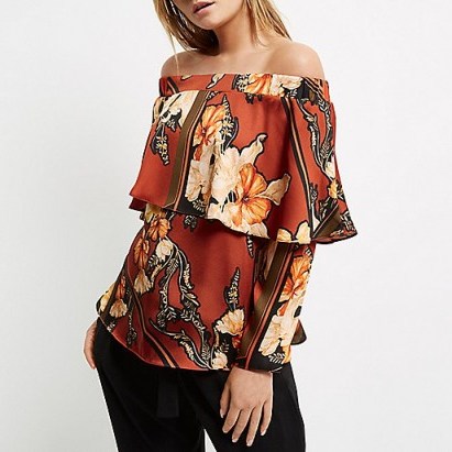 River Island Orange floral print deep frill bardot top. Off the shoulder tops | bold flower prints | on trend clothing | autumn fashion | autumnal colours | trending now - flipped