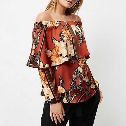 River Island Orange floral print deep frill bardot top. Off the shoulder tops | bold flower prints | on trend clothing | autumn fashion | autumnal colours | trending now