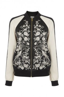 OASIS Osaka black & white floral embroidered bomber jacket ~ flower embroidery ~ birds ~ casual jackets ~ weekend fashion - flipped