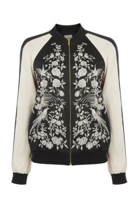 OASIS Osaka black & white floral embroidered bomber jacket ~ flower embroidery ~ birds ~ casual jackets ~ weekend fashion
