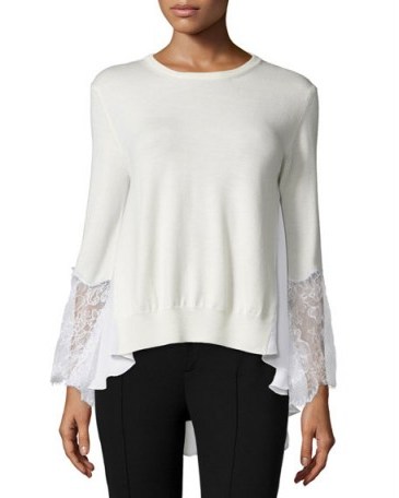 Oscar de la Renta White Lace-Trim, Round Neck Wool Sweater With a Ruffle High Low Hem – autumn sweaters – chic tops – luxe jumpers – designer fashion – feminine style clothing - flipped