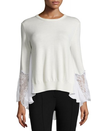 Oscar de la Renta White Lace-Trim, Round Neck Wool Sweater With a Ruffle High Low Hem – autumn sweaters – chic tops – luxe jumpers – designer fashion – feminine style clothing