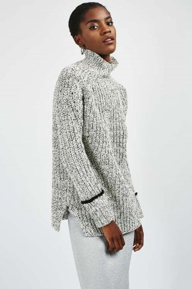 Topshop Monochrom Oversized Tweedy Funnel Neck Jumper. Chic autumn knits | side slit jumpers | black and white knit sweaters | knitted fashion | on trend knitwear - flipped