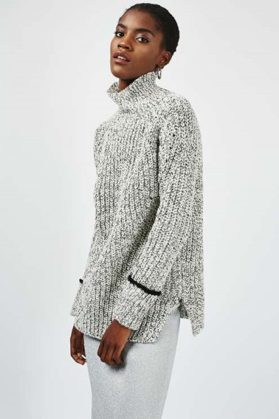 Topshop Monochrom Oversized Tweedy Funnel Neck Jumper. Chic autumn knits | side slit jumpers | black and white knit sweaters | knitted fashion | on trend knitwear