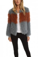 Pam & Gela Striped Knitted Mongolian Jacket dusty blue. Shaggy jackets | fur coats | Autumn/Winter outerwear