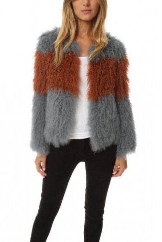 Pam & Gela Striped Knitted Mongolian Jacket dusty blue. Shaggy jackets | fur coats | Autumn/Winter outerwear - flipped