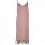 River Island pink cami midi dress with lace detail – on-trend slip dresses – going out – evening fashion – strappy party wear – scalloped lace hem – thin straps