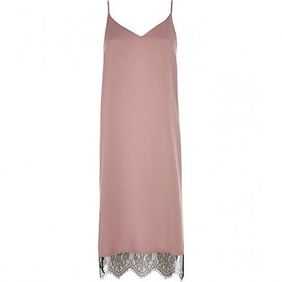 River Island pink cami midi dress with lace detail – on-trend slip dresses – going out – evening fashion – strappy party wear – scalloped lace hem – thin straps - flipped
