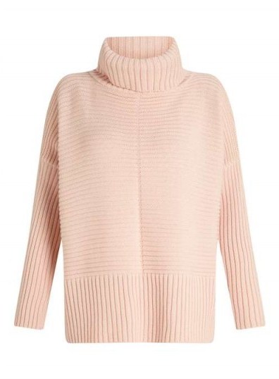 Miss Selfridge Pink Chunky Knitted Jumper – winter fashion – ribbed roll neck jumpers – polo neck sweaters – side slit detail – casual knitwear – knitted high neck - flipped
