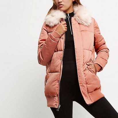 River Island pink padded oversized coat with faux fur trim. Womens winter coats | warm outerwear | autumn fashion - flipped