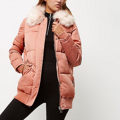 River Island pink padded oversized coat with faux fur trim. Womens winter coats | warm outerwear | autumn fashion