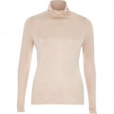 river island Pink silky roll neck top – Autumn high neck tops – slim fit – fitted fashion – long sleeved – pale pink tones