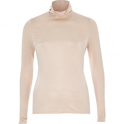 river island Pink silky roll neck top – Autumn high neck tops – slim fit – fitted fashion – long sleeved – pale pink tones - flipped