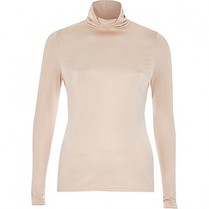 river island Pink silky roll neck top – Autumn high neck tops – slim fit – fitted fashion – long sleeved – pale pink tones