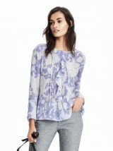 banana republic blue pleated ruffle top ~ feminine tops ~ printed ruffled blouses ~ on-trend ruffles ~ stylish fashion