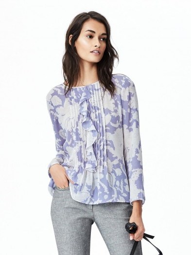 banana republic blue pleated ruffle top ~ feminine tops ~ printed ruffled blouses ~ on-trend ruffles ~ stylish fashion - flipped