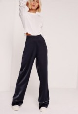 missguided premium satin piped detail trousers navy ~ affordable luxe ~ silky wide leg pants ~ womens on trend fashion ~ slinky dark blue fabric