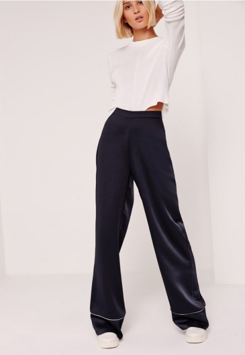 missguided premium satin piped detail trousers navy ~ affordable luxe ~ silky wide leg pants ~ womens on trend fashion ~ slinky dark blue fabric - flipped