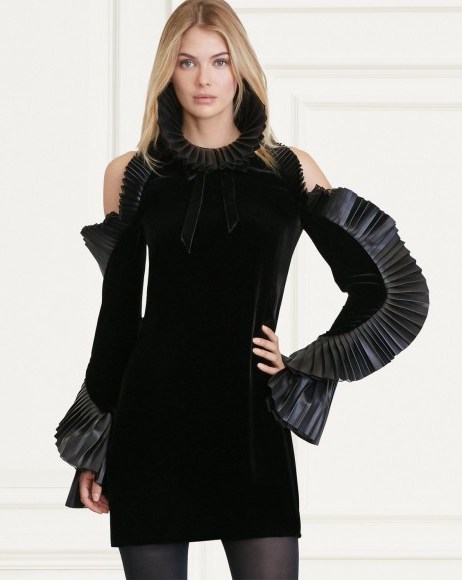 Ralph Lauren Collection Priscilla Black Velvet Dress ~ open shoulder mini dresses ~ luxe occasion wear ~ ruffle trim ~ pleats - flipped