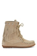 Rebecca Minkoff x Minnetonka double fringe tramper boot in stone. high top suede boots | fringed footwear | autumn fashion | neutrals | neutral colours | flat lace up ankle boot | winter flats