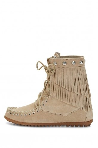 Rebecca Minkoff x Minnetonka double fringe tramper boot in stone. high top suede boots | fringed footwear | autumn fashion | neutrals | neutral colours | flat lace up ankle boot | winter flats - flipped