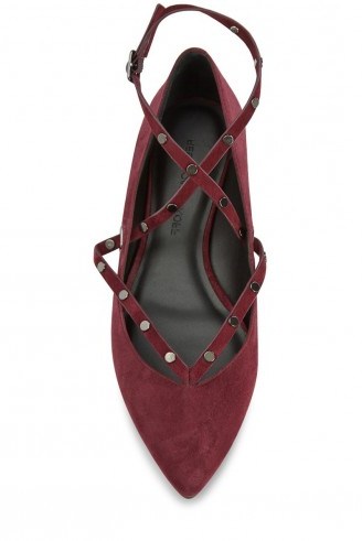 Rebecca Minkoff Faye Flat in dark maroon. Red flats | strappy shoes | front crossover ankle straps | autumn footwear | studs | studded leather | pointed | pointy toe - flipped