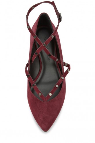 Rebecca Minkoff Faye Flat in dark maroon. Red flats | strappy shoes | front crossover ankle straps | autumn footwear | studs | studded leather | pointed | pointy toe