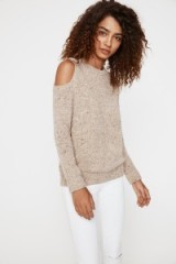 Rebecca Minkoff Page Sweater in oatcake. Cold shoulder sweaters | designer knitwear | open shoulder jumpers | crew neck neckline | quality knits | knitted fashion | on trend pullovers | autumn trends