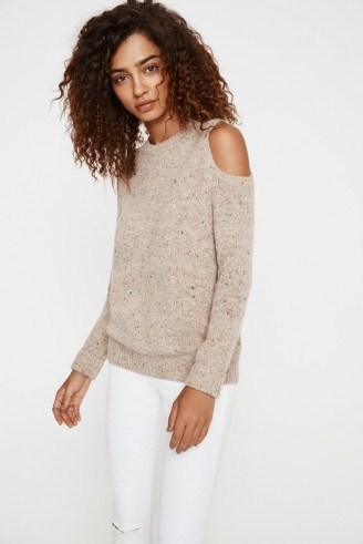 Rebecca Minkoff Page Sweater in oatcake. Cold shoulder sweaters | designer knitwear | open shoulder jumpers | crew neck neckline | quality knits | knitted fashion | on trend pullovers | autumn trends - flipped