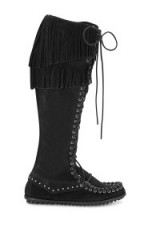 rebecca minkoff x minnetonka knee hi lace up boot in black. Suede knee high flat boots | fringe footwear | winter accessories | fringed lace ups