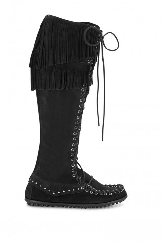 rebecca minkoff x minnetonka knee hi lace up boot in black. Suede knee high flat boots | fringe footwear | winter accessories | fringed lace ups