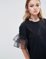Reclaimed Vintage Oversized T-Shirt With Sheer Ruffle Sleeves black ~ see-through ruffles ~ on trend tees ~ trending t-shirts