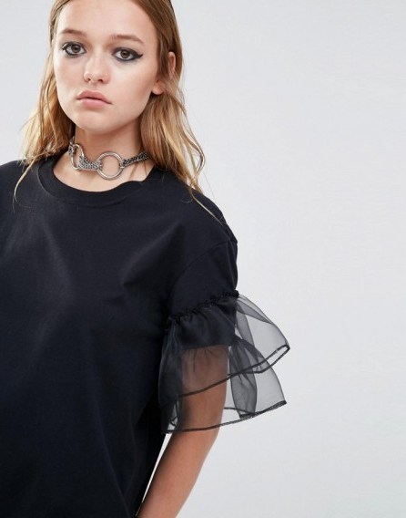 Reclaimed Vintage Oversized T-Shirt With Sheer Ruffle Sleeves black ~ see-through ruffles ~ on trend tees ~ trending t-shirts - flipped