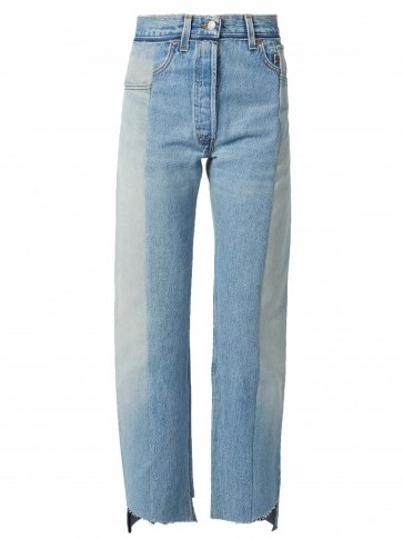VETEMENTS Reworked high-rise straight-leg jeans – as worn by model Rosie Huntington-Whiteley in Los Angeles, 13 September 2016. Celebrity fashion | casual star style | blue denim | uneven hem | two tone panel designer jeans - flipped