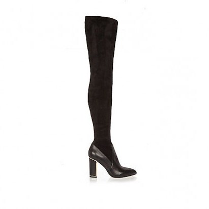 river island RI Studio black leather over-the-knee boots – on-trend footwear – Autumn fashion – high heeled – pointed toe – block heel - flipped