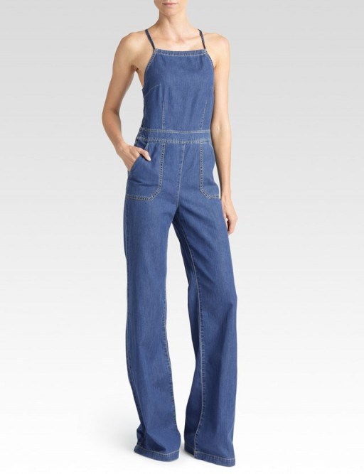 PAIGE ~ RIHANNON JUMPSUIT – ROCKFORD – as worn by Bella Hadid at Loulou restaurant in Paris, 9 September 2016. Celebrity jumpsuits | models fashion | blue denim | crisscross back | wide leg | strappy | thin straps - flipped