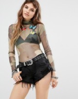 Rokoko Sheer Mesh Body In Camo With Butterfly Patches nude ~ see-through bodysuits ~ long sleeved ~ on trend tops ~ trending fashion