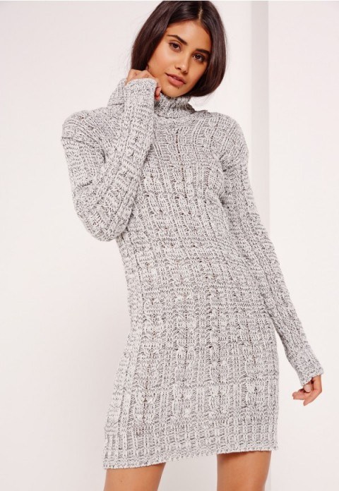 Missguided grey roll neck long sleeve knitted dress. Sweater dresses | knitted fashion | high neckline jumper dress | long sleeved turtleneck knitwear - flipped