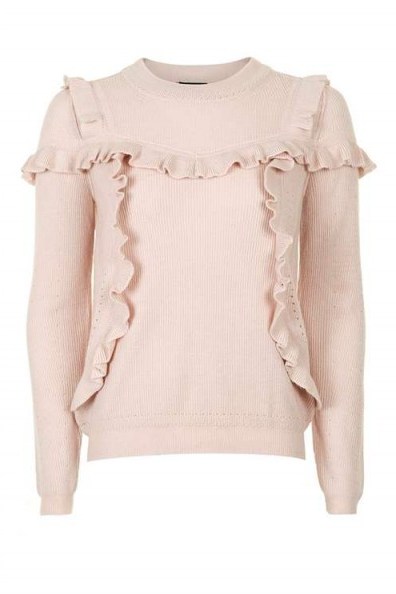 Topshop Pink Ruffle Yoke Jumper. Autumn fashion | ruffles | ruffled knitwear | on trend jumpers | pretty sweaters - flipped