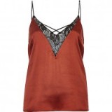 River Island rust lace front cami strap pyjama top. Womens on trend tops | silky camisoles | strappy fashion | clothing trending now | thin spaghetti straps